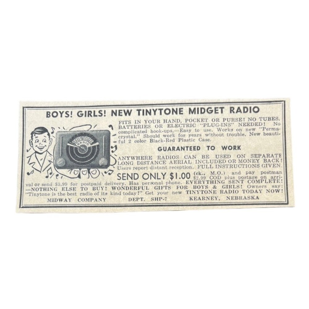Tinytone Midget Radio Vintage Print Ad 1950 Midway Co Kearney NE